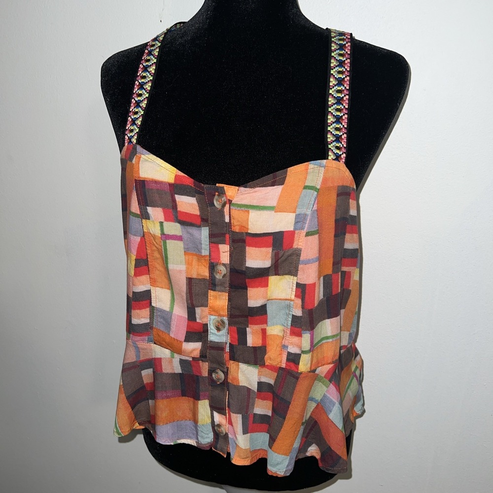 Pilcro Anthropologie Boho Patchwork Embroider Strap Peplum Camisole Tank MP